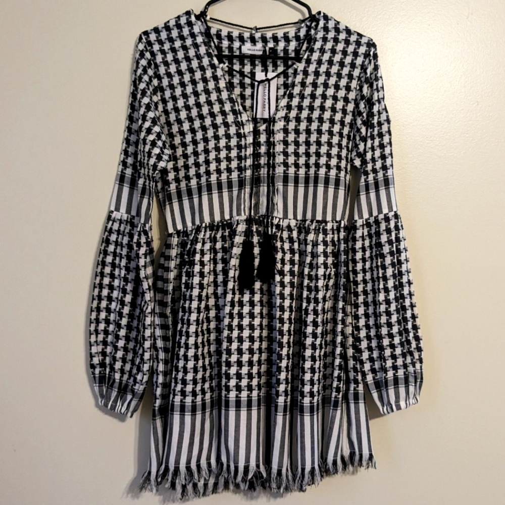 Hello Parry NWT Houndstooth Long Sleeve Raw Hem Tunic Dress